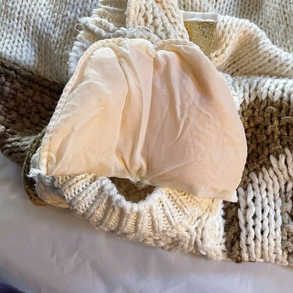 VTG Needles & Yarn Patchwork Knit Ramie Blend Sweater Beige/Brown Shoulder Pads - Picture 4 of 10